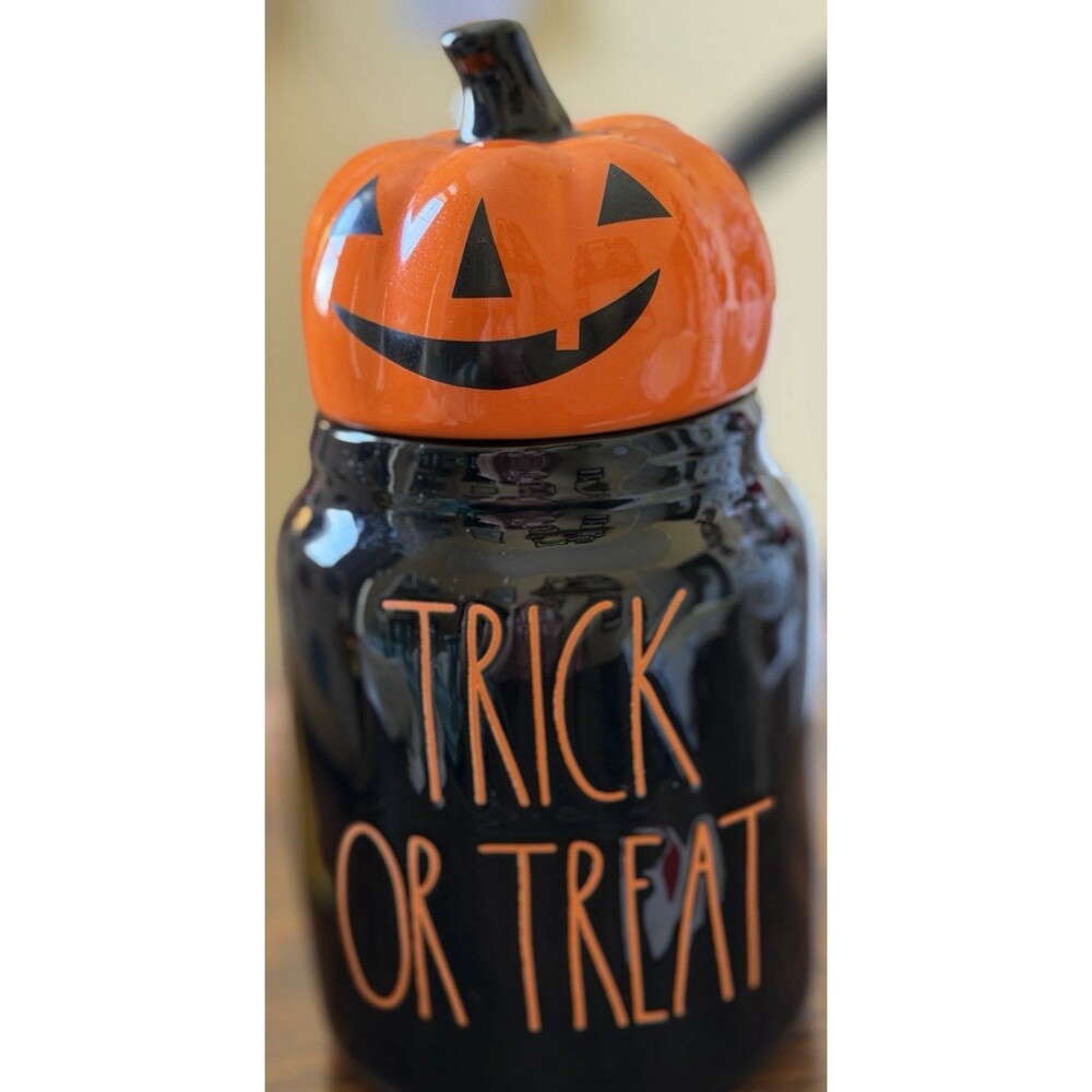 Rae Dunn Trick or Treat Cookie Jar Pumpkin Lid Black Orange Halloween Ceramic 8"